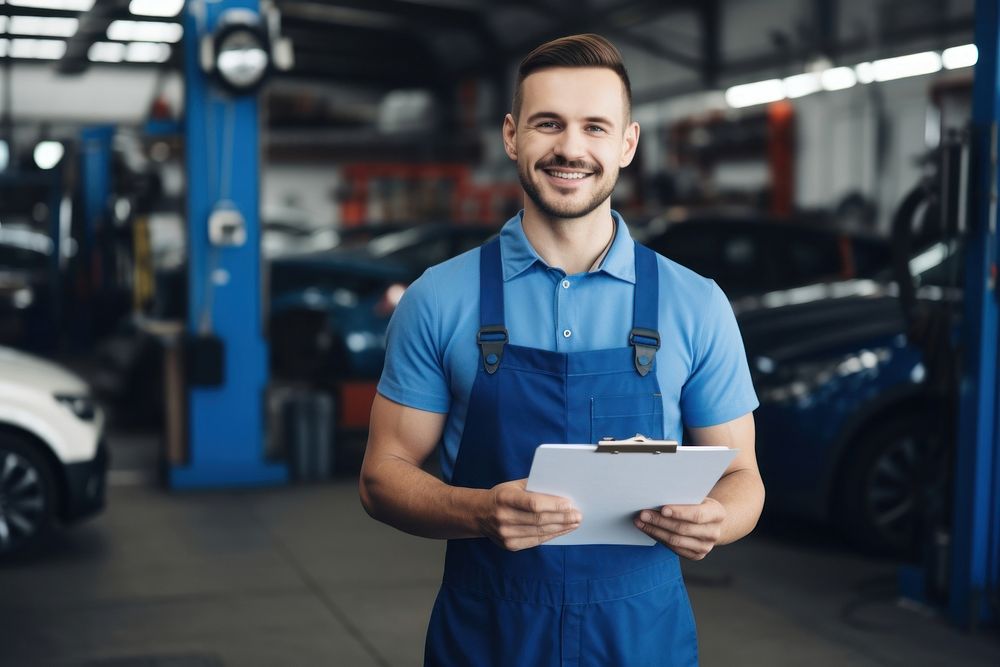 Holding a clipboard standing at a car workshop transportation automobile vehicle.