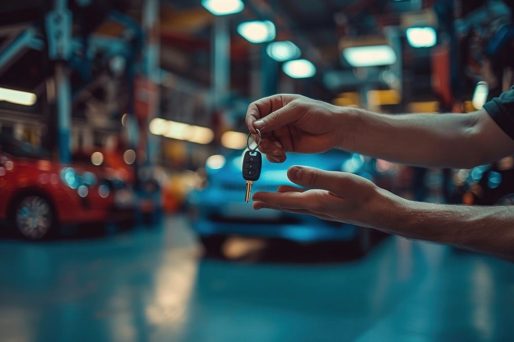 Mechanic handing car keys to his customer transportation automobile vehicle.