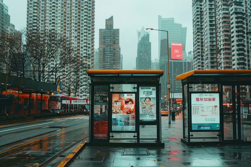 Bus stop billboards displaying advertisements building urban city.