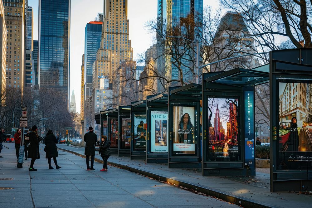 Bus stop billboards displaying advertisements urban city transportation.