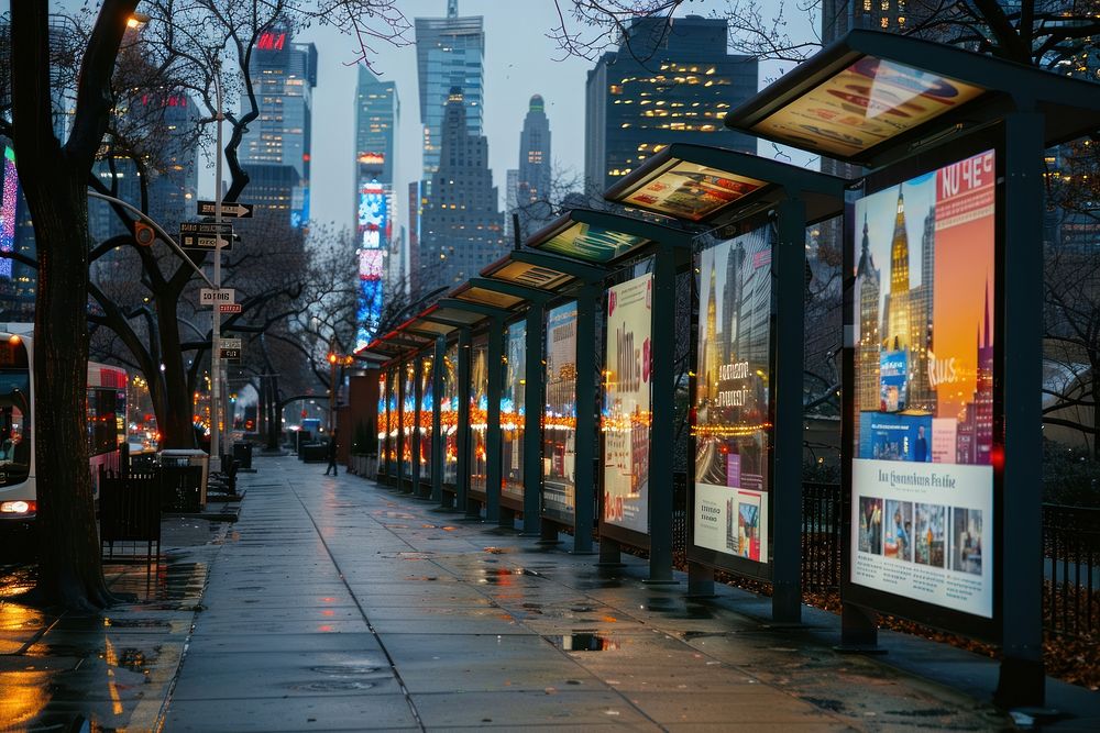 Bus stop billboards displaying advertisements cityscape building urban.