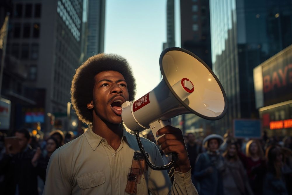 African american male protest leader appliance shouting clothing.
