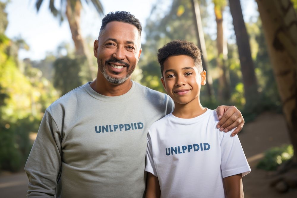 Smiling father and son t-shirt clothing apparel.