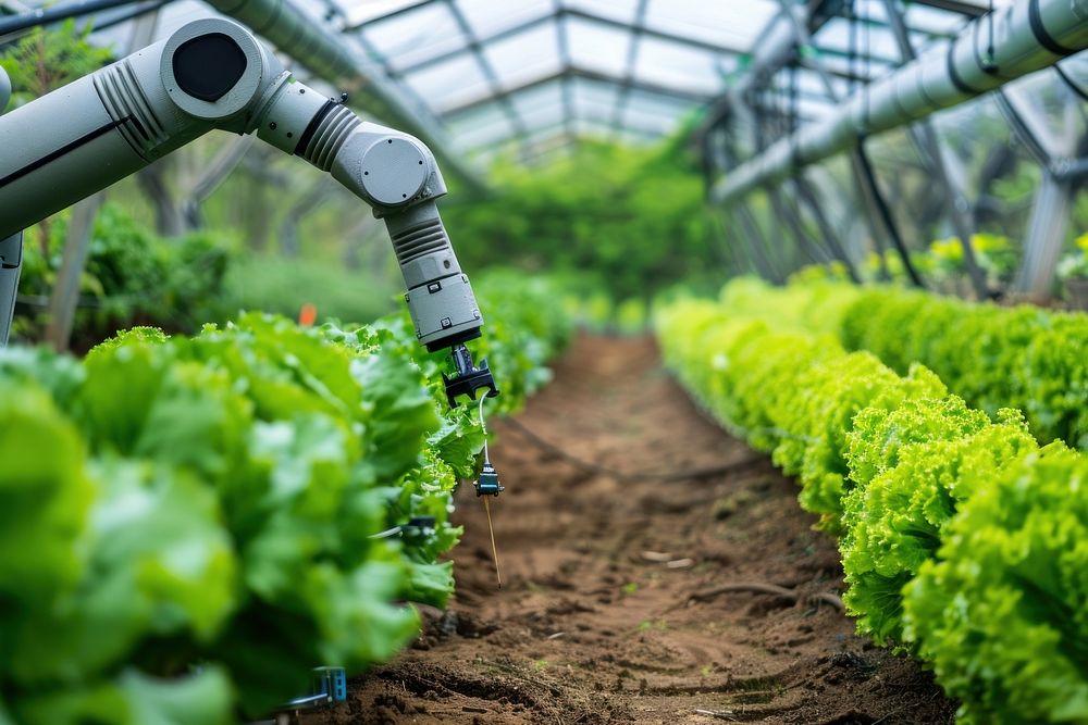Agricultural farm with robotic arms greenhouse countryside gardening.