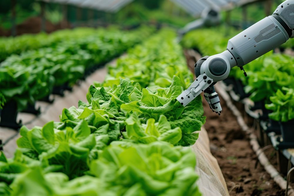 Agricultural farm with robotic arms lettuce plant vegetable.