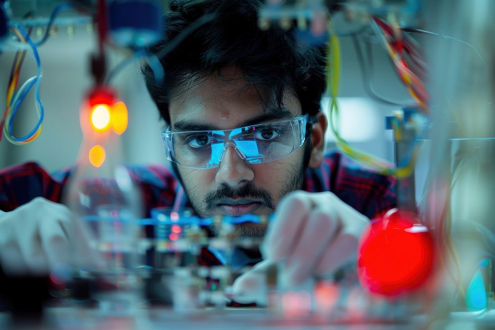Indian male engineer working on an electric circuit laboratory glasses accessories.