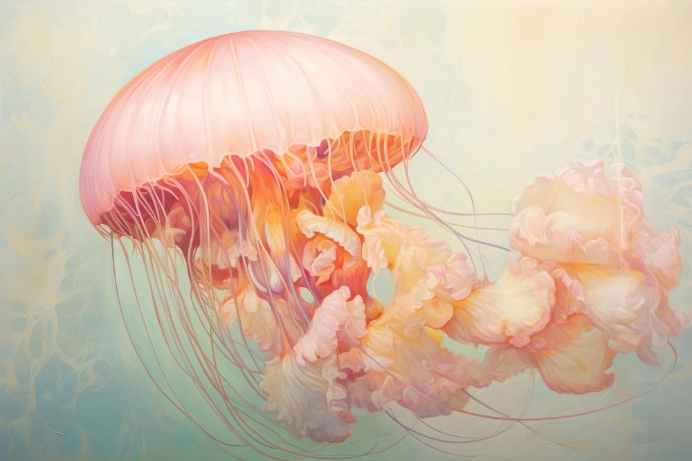 Close up pale colorful jellyfish invertebrate animal person.