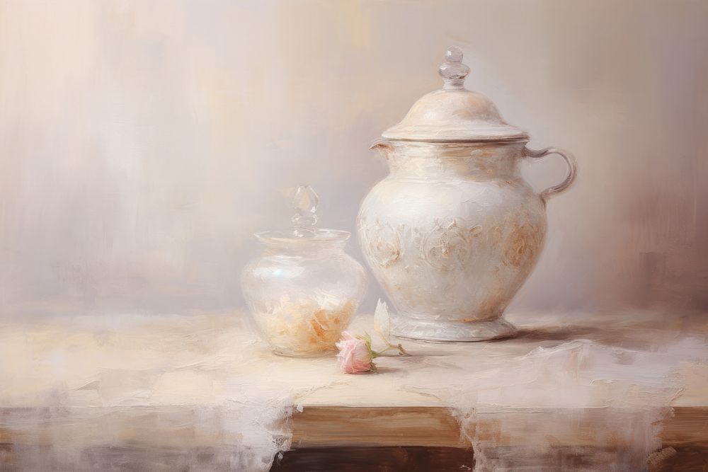 Close up pale luxury jar painting cosmetics cookware.
