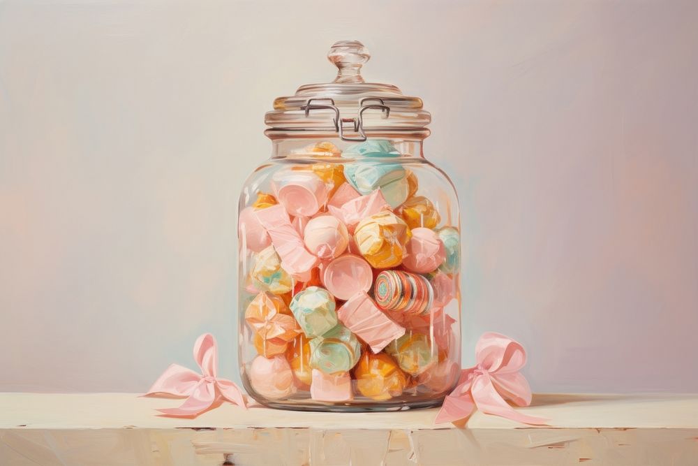 Close up pale candy jar confectionery cosmetics.