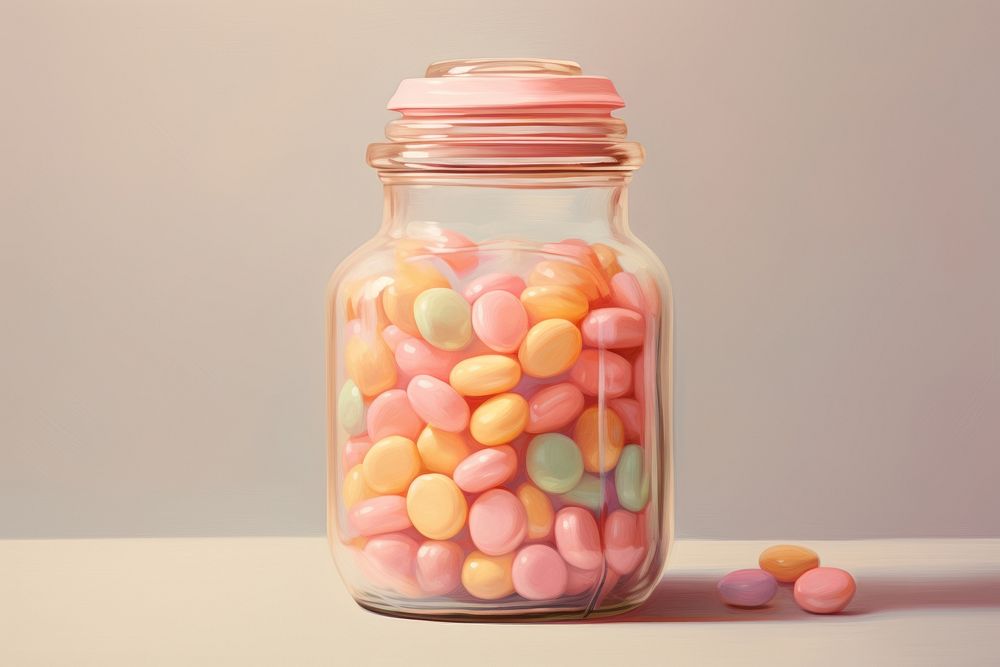 Close up pale candy jar confectionery medication.