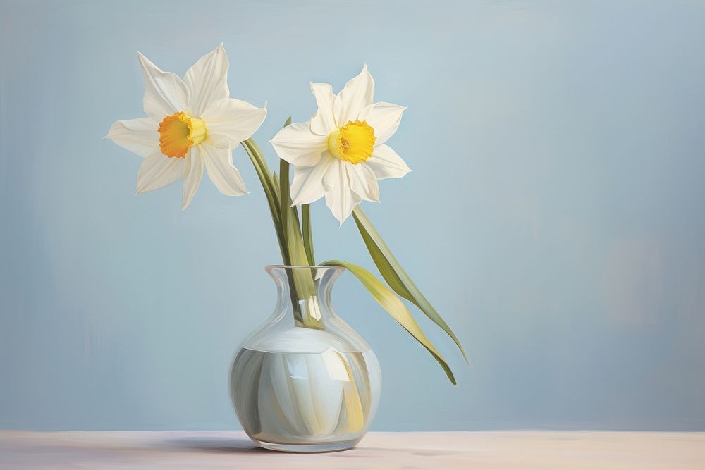 Close up pale daffodil vase blossom pottery.