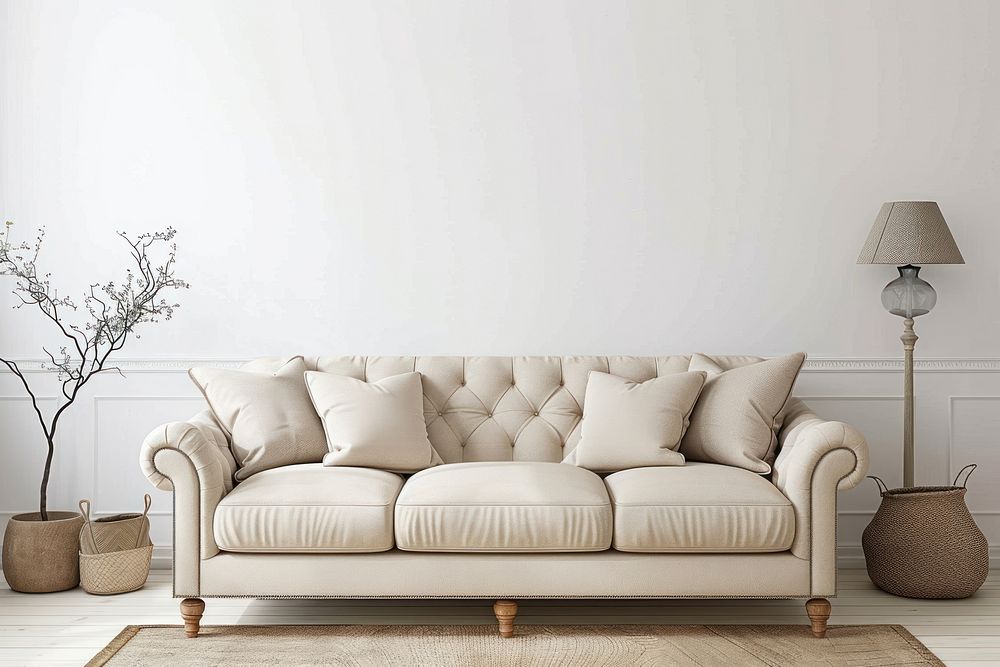 Beige sofa furniture cushion pillow.