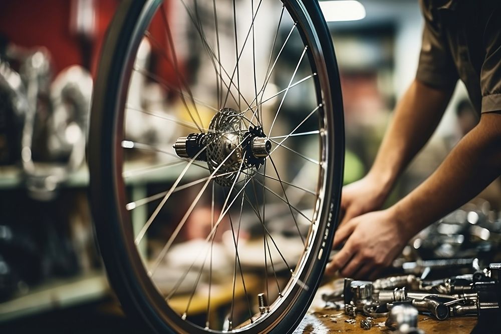 Bicycle mechanic fixing wheel in workshop bicycle bike transportation.