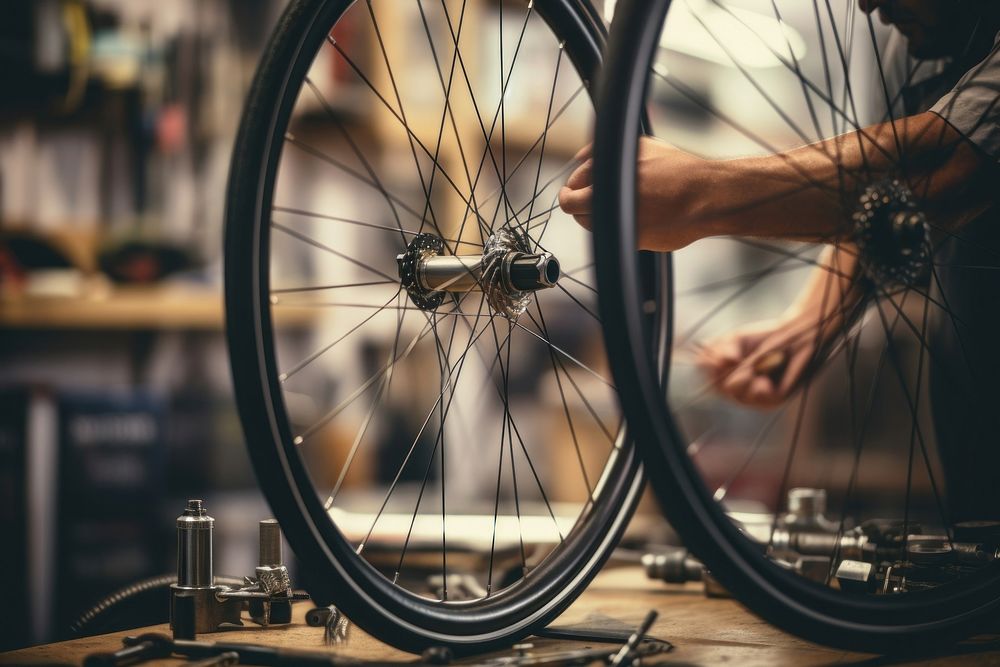 Bicycle mechanic fixing wheel in workshop bicycle bike transportation.