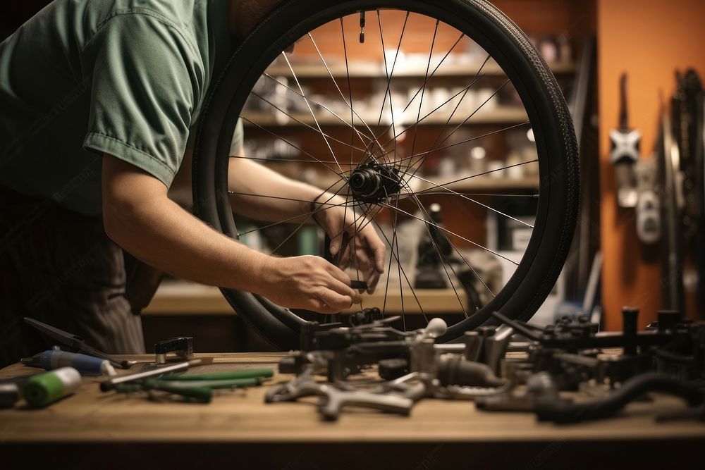Bicycle mechanic fixing wheel in workshop transportation automobile machine.