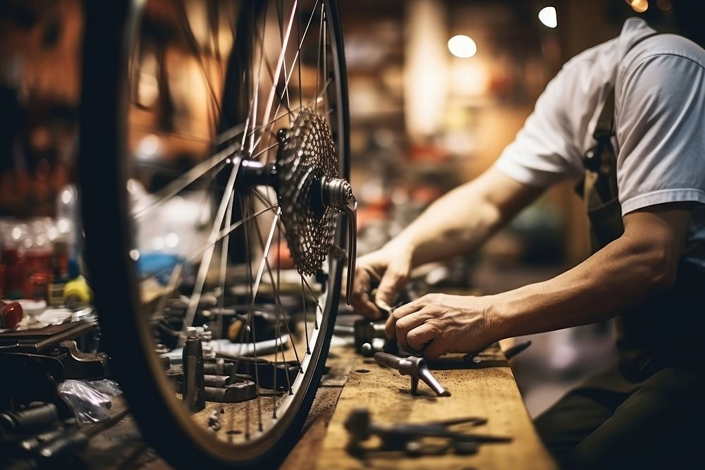 Bicycle mechanic fixing wheel in workshop machine spoke tire.