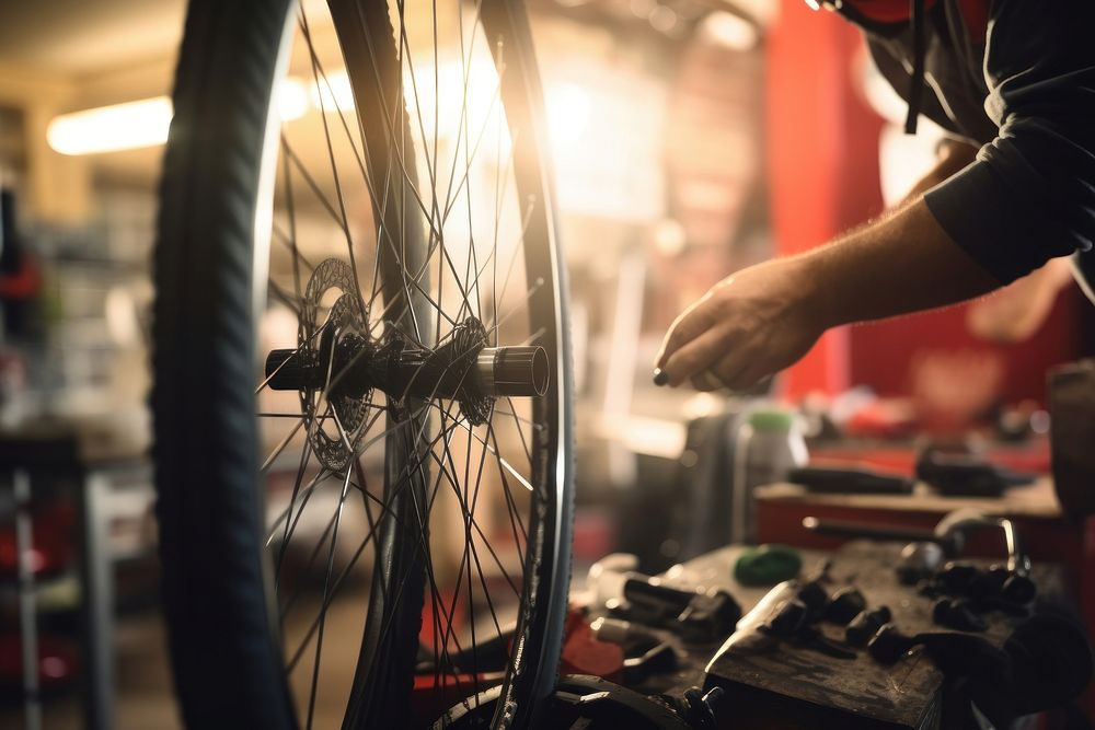 Bicycle mechanic fixing wheel in workshop bicycle bike transportation.