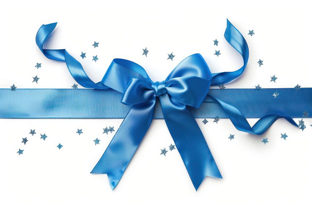 Blue gift ribbon blue bow white background.