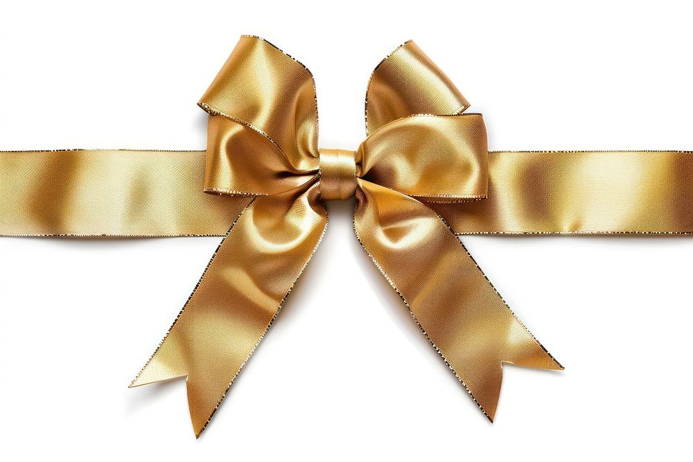 Gold gift ribbon gold bow white background.