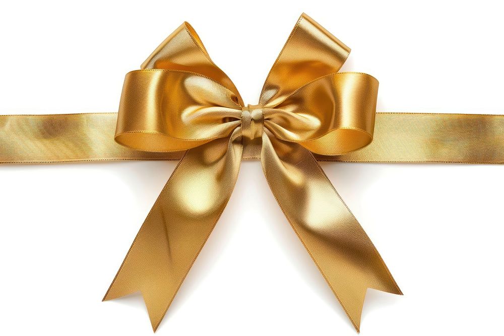 Gold gift ribbon gold bow white background.
