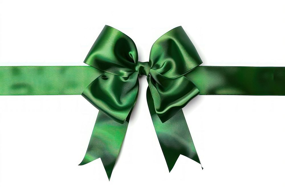 Green gift ribbon green bow white background.