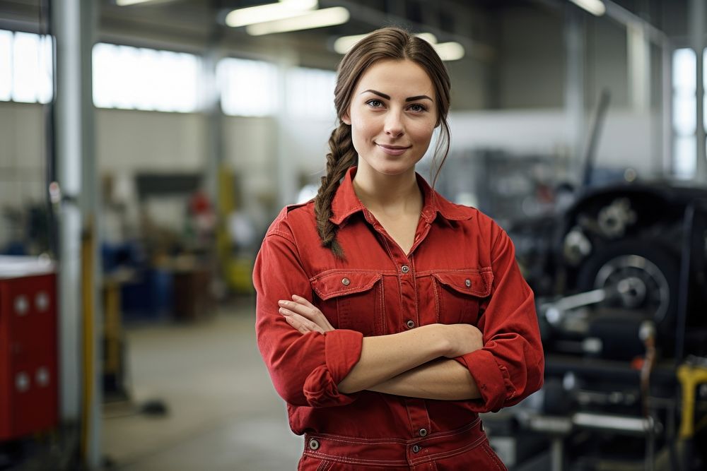 Female mechanic smiling clothing apparel person.