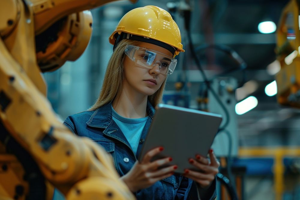 Working with a tablet at an industrial factory helmet female clothing.