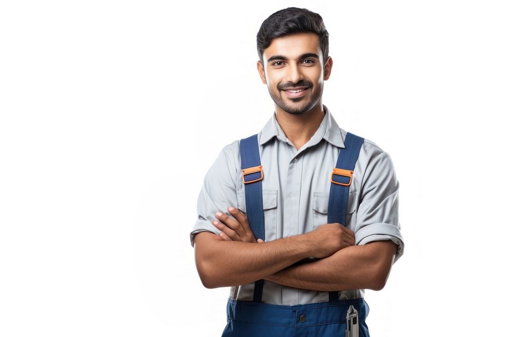 Indian mechanic smiling accessories suspenders accessory.