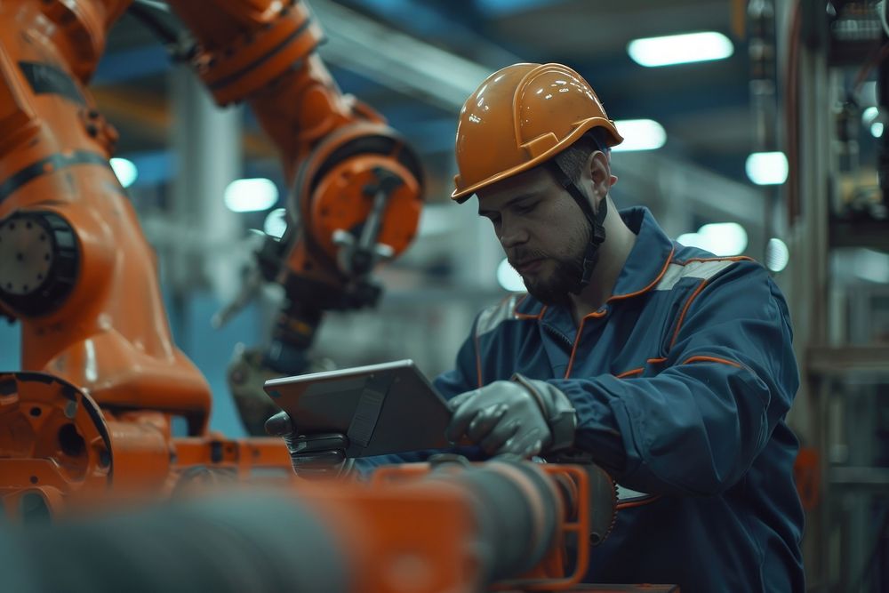 Working with a tablet at an industrial factory helmet male architecture.