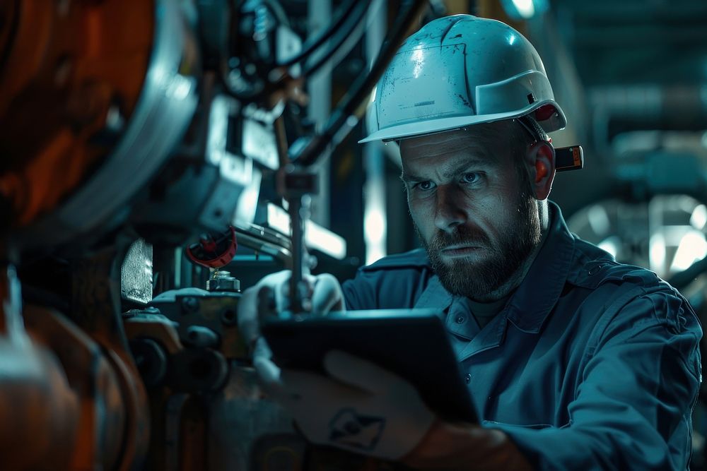 Working with a tablet at an industrial factory helmet male electronics.
