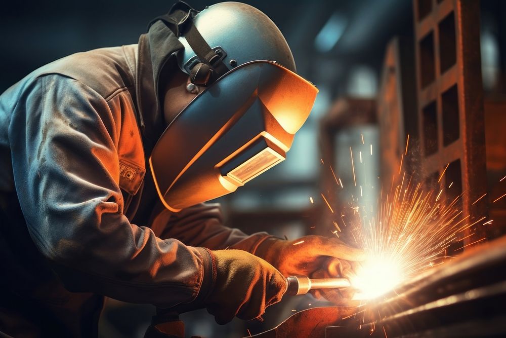 Industrial worker welding metal sheets metalworking clothing apparel.