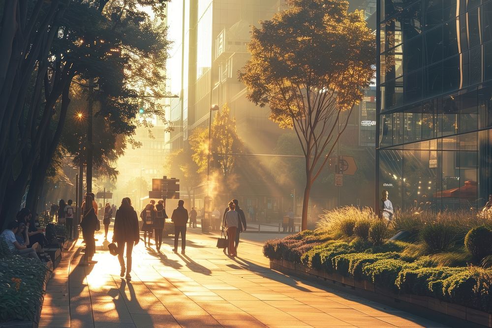 People walking on a city walk path outdoors sunlight street.