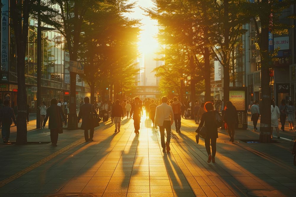 People walking on a city walk path evening light sun.