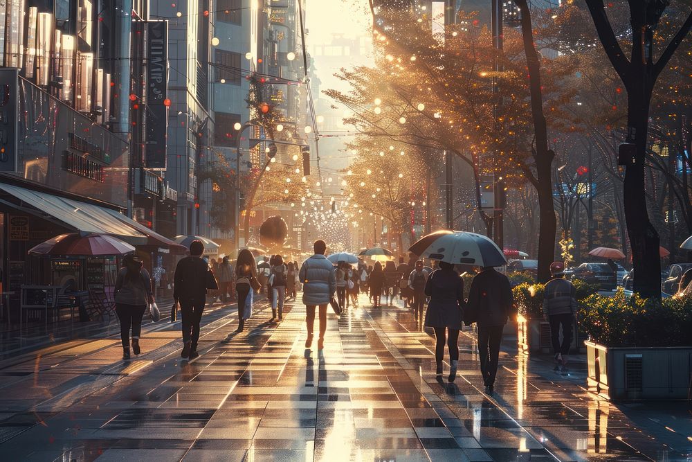 People walking on a city walk path evening rain car.