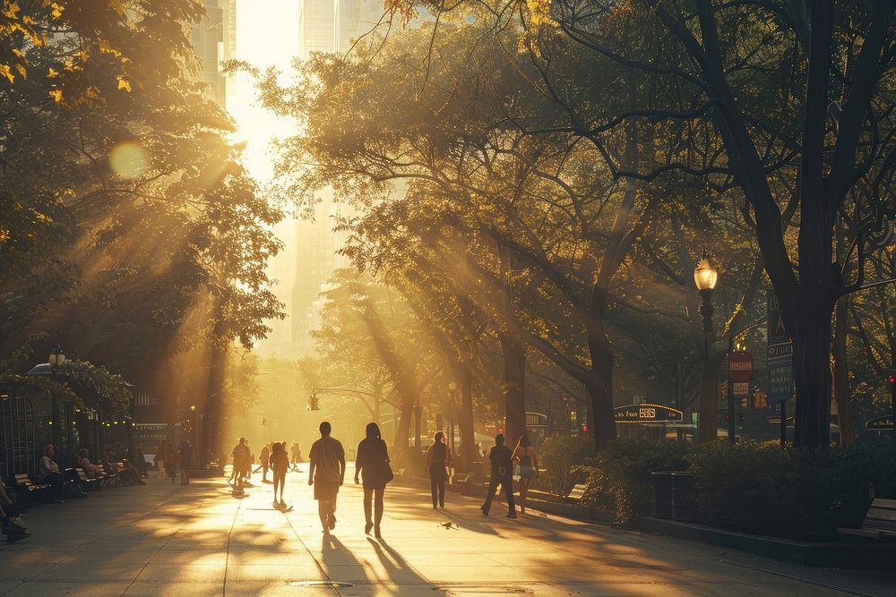 People walking on a city walk path light landscape sunlight.