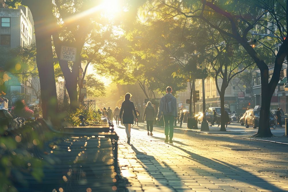 People walking on a city walk path light sunlight outdoors.