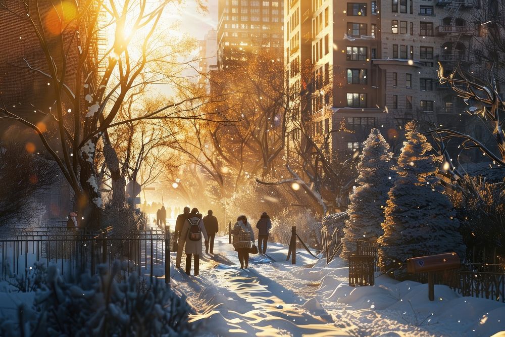People walking on a city walk path landscape outdoors winter.