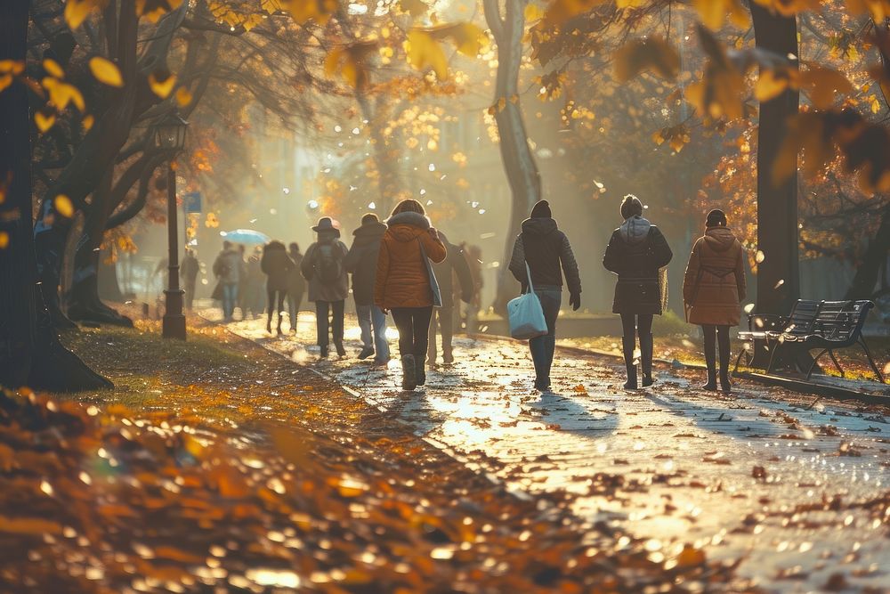 People walking on a city walk path autumn footwear morning.