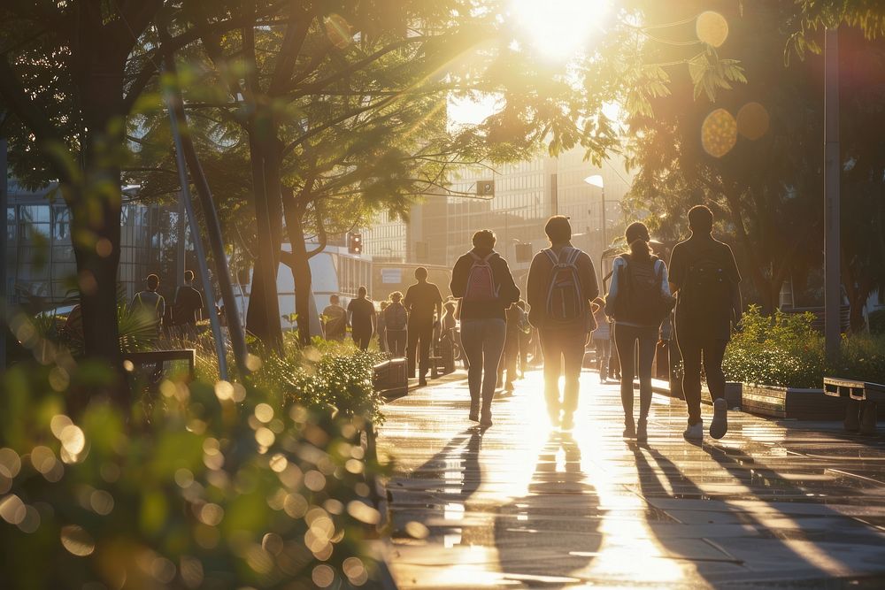 People walking on a city walk path light sun togetherness.