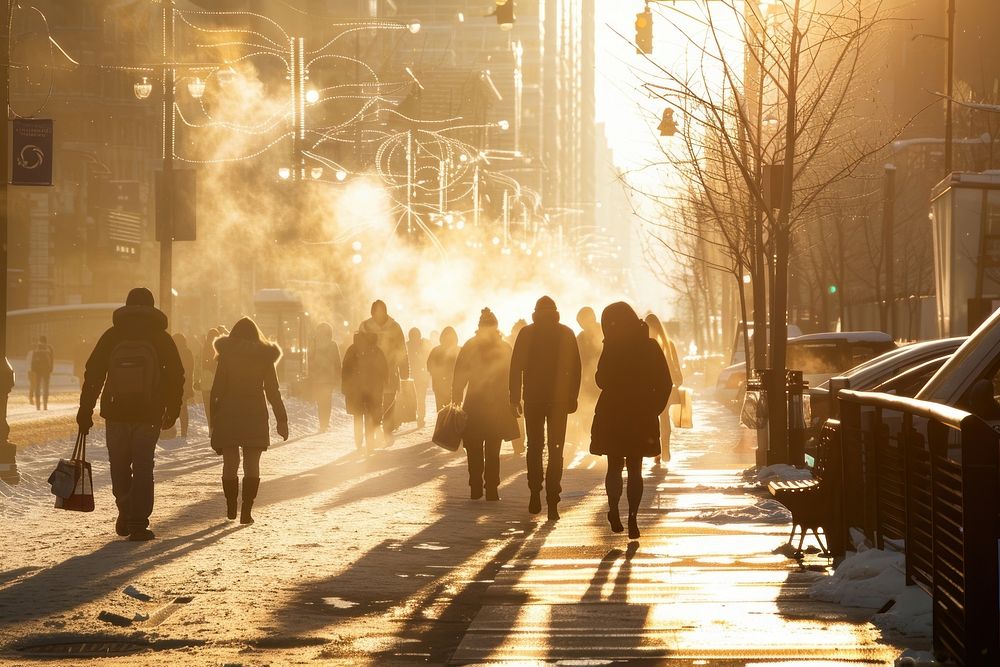 People walking on a city walk path outdoors footwear winter.