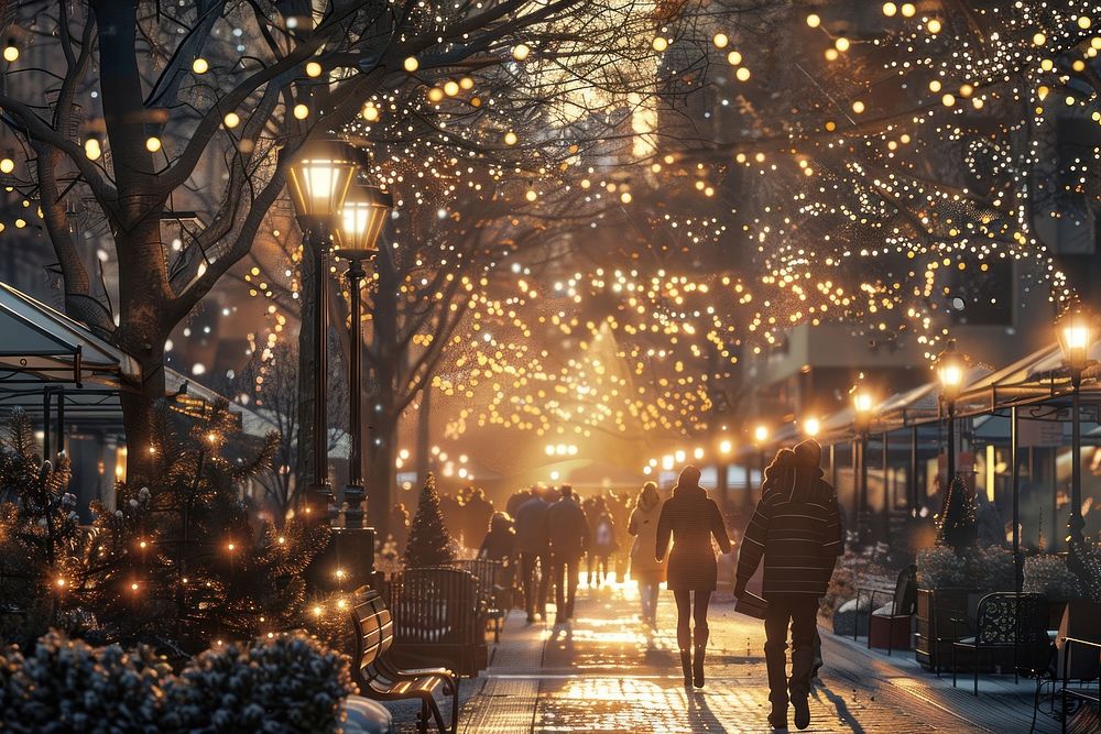 People walking on a city walk path light outdoors lighting.
