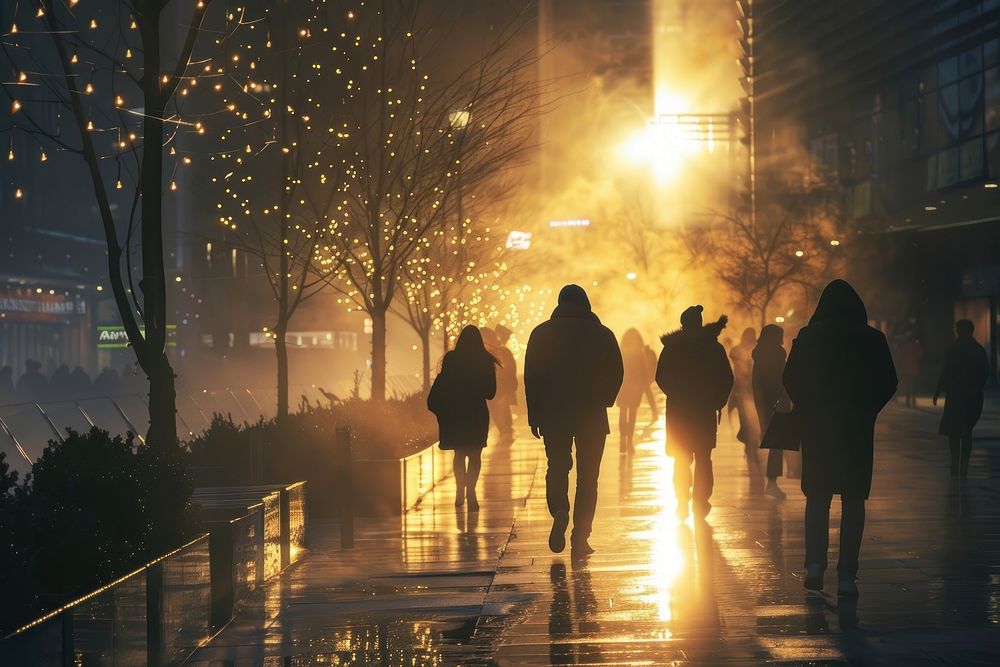 People walking on a city walk path light night adult.