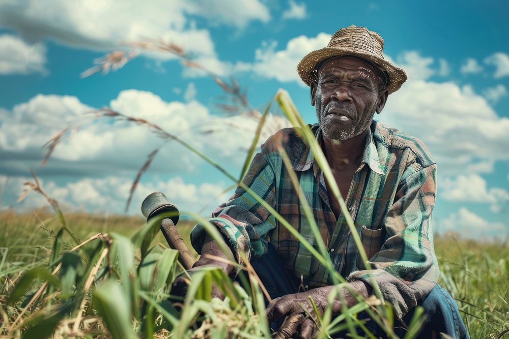 Black South African man farmer clothing sitting apparel.
