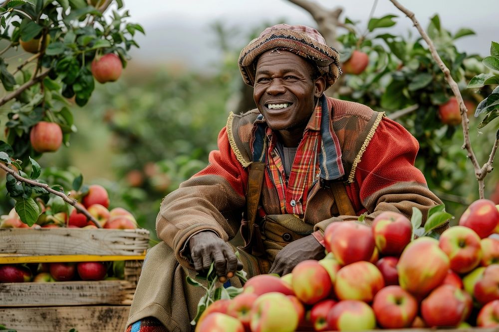 Black South African man farmers apple laughing clothing.