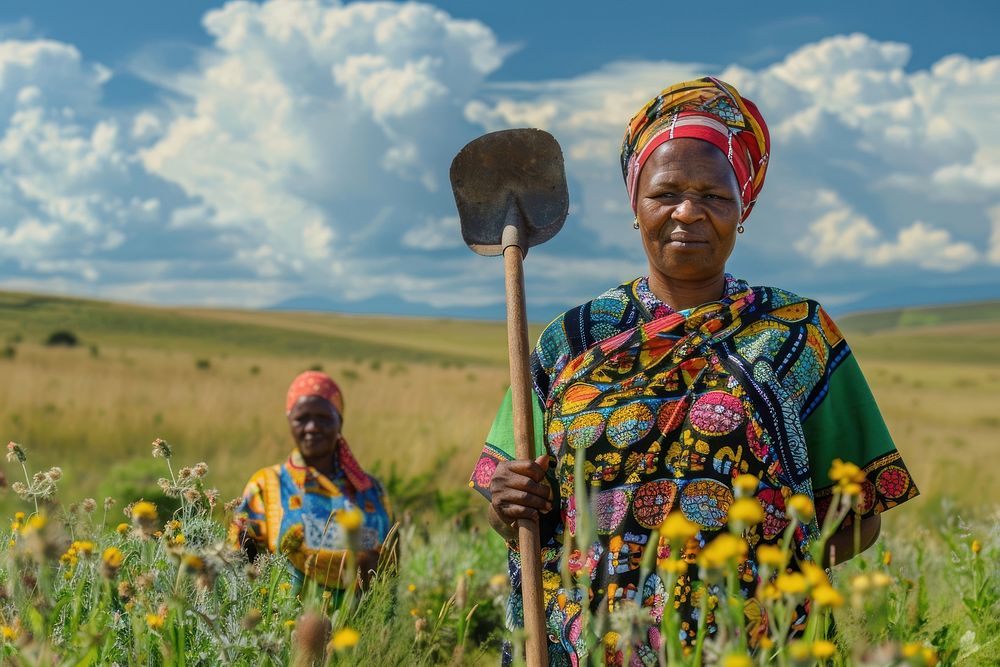 Black South African women farmers shovel clothing apparel.