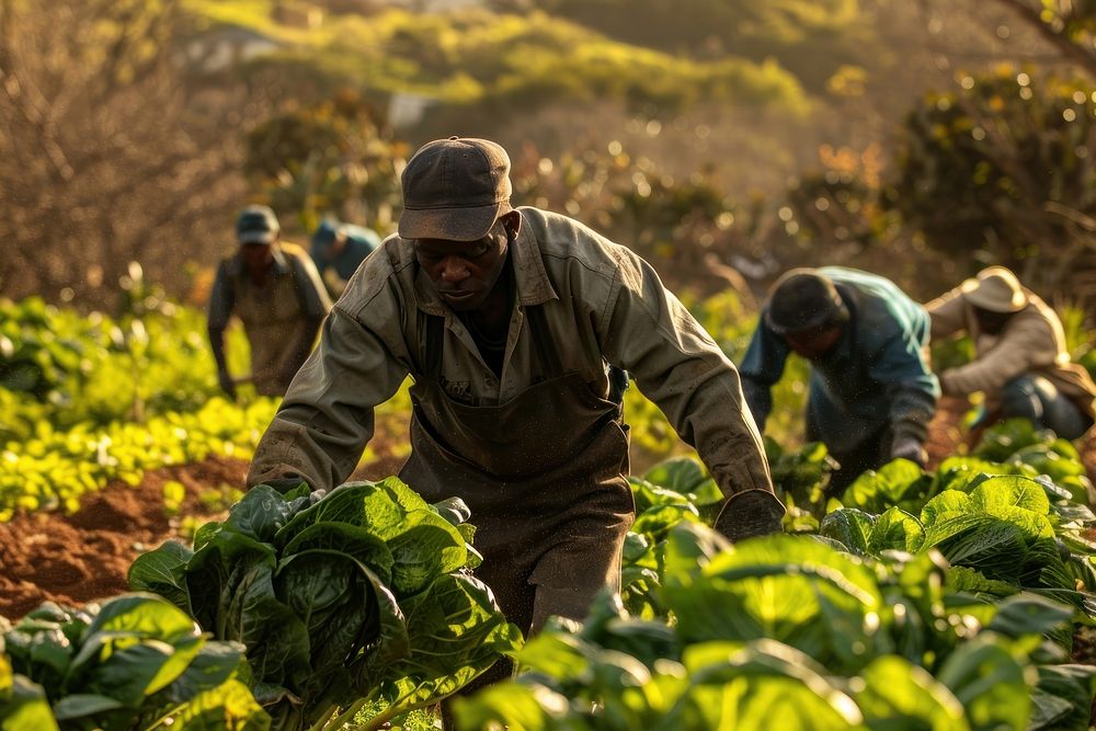 Black South African farmers vegetable clothing outdoors.