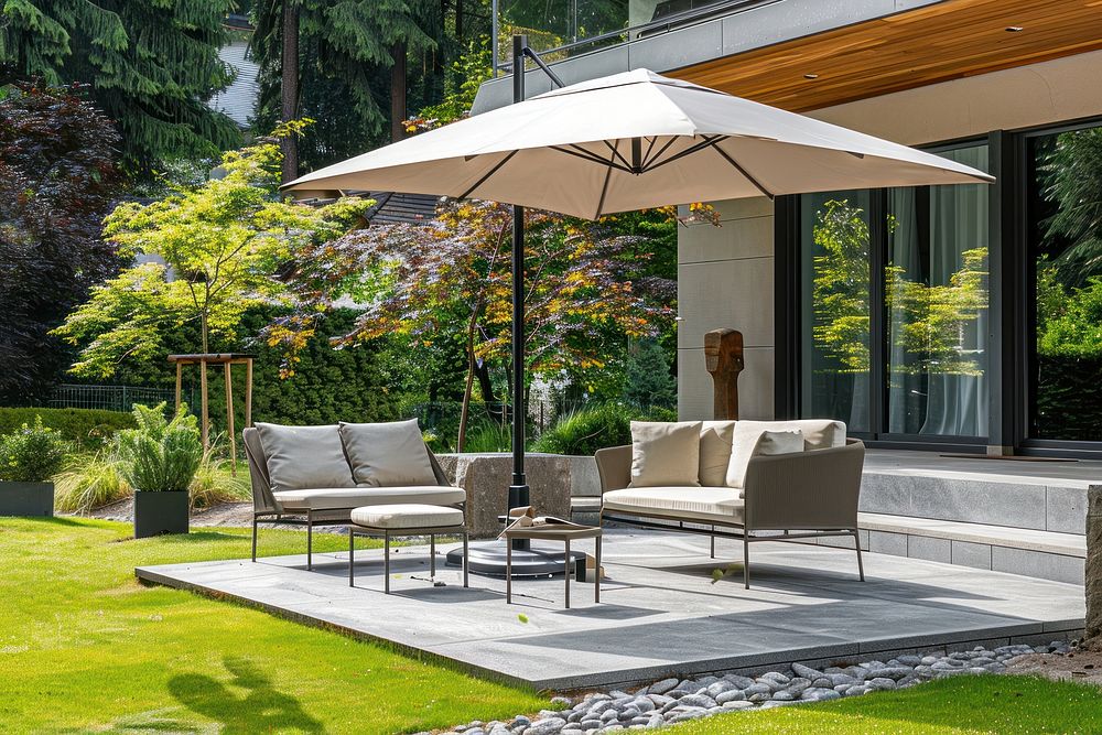 Photo of luxury lawn outside sitting area nature architecture furniture.