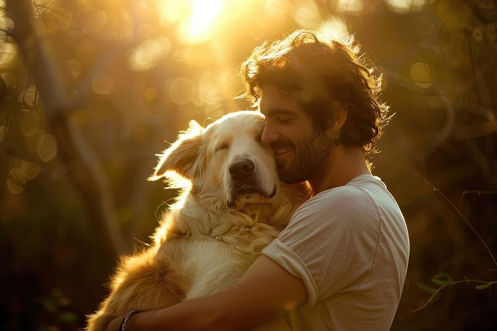 Man hug Adorable dog nature sunlight portrait.
