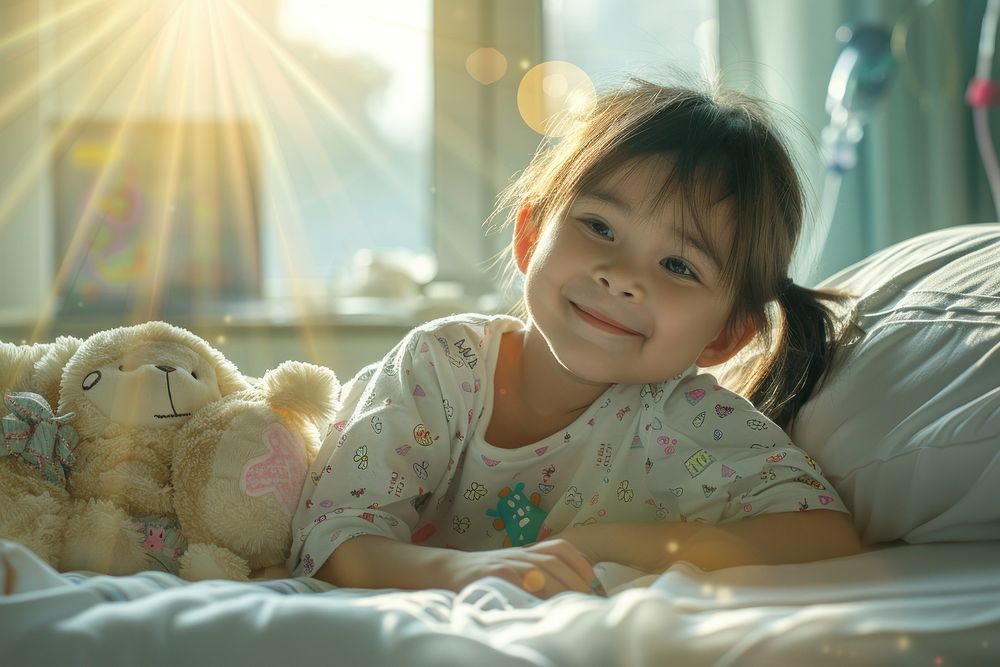 Photo of smile child bed furniture portrait.