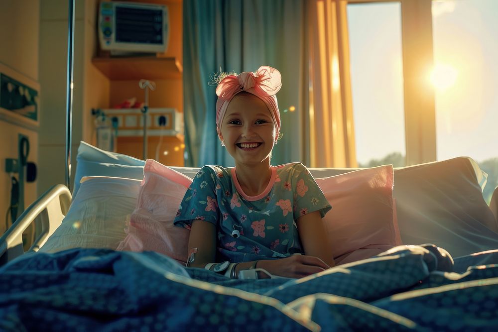 Photo of smile child with cancer bed furniture portrait.